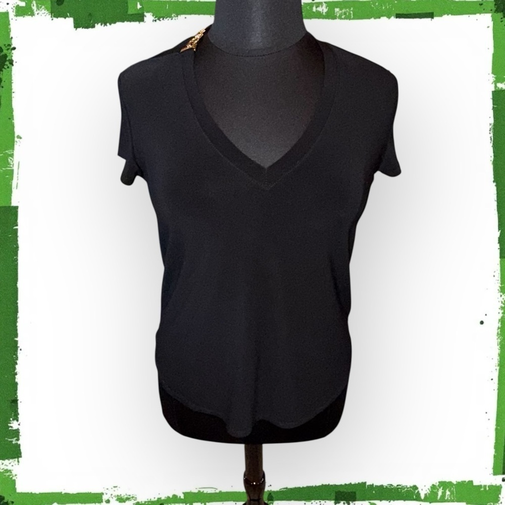 JOSEPH RIBKOFF Jersey Knit T-shirt w/ Gold Metal Accent - 12 Black
